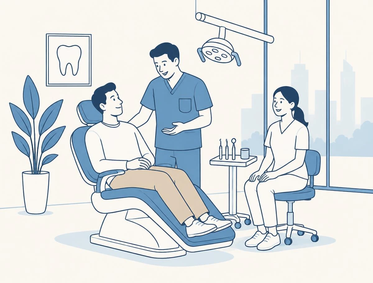 Illustration au trait d'un patient sur un fauteuil dentaire accueilli par un dentiste amical